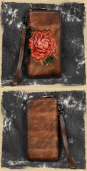 Womens Leather Zip Around Wallet Peony Flower Wristlet Wallet Floral Ladies Zipper Clutch Wallet for Women