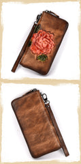 Womens Leather Zip Around Wallet Peony Flower Wristlet Wallet Floral Ladies Zipper Clutch Wallet for Women