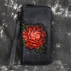 Womens Black Leather Zip Around Wallet Peony Flower Wristlet Wallet Floral Ladies Zipper Clutch Wallet for Women