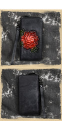 Womens Leather Zip Around Wallet Peony Flower Wristlet Wallet Floral Ladies Zipper Clutch Wallet for Women