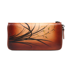 Womens Brown Leather Zip Around Wallet Wash Painting Flowers Wristlet Wallet Ladies Zipper Clutch Wallet for Women