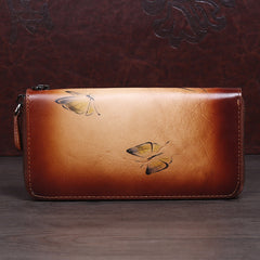 Womens Brown Leather Zip Around Wallet Wash Painting Flowers Wristlet Wallet Ladies Zipper Clutch Wallet for Women