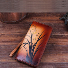 Womens Brown Leather Zip Around Wallet Wash Painting Flowers Wristlet Wallet Ladies Zipper Clutch Wallet for Women