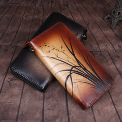 Womens Brown Leather Zip Around Wallet Wash Painting Flowers Wristlet Wallet Ladies Zipper Clutch Wallet for Women