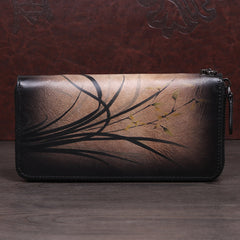 Womens Brown Leather Zip Around Wallet Wash Painting Flowers Wristlet Wallet Ladies Zipper Clutch Wallet for Women