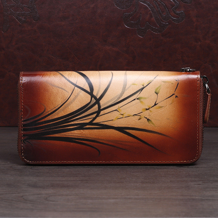 Womens Brown Leather Zip Around Wallet Wash Painting Flowers Wristlet Wallet Ladies Zipper Clutch Wallet for Women