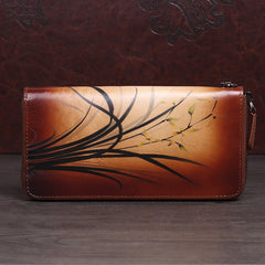 Womens Brown Leather Zip Around Wallet Wash Painting Flowers Wristlet Wallet Ladies Zipper Clutch Wallet for Women