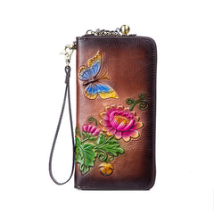 Womens Butterfly&Mums Flower Black Leather Wristlet Wallets Zip Around Wallet Flower Ladies Zipper Clutch Wallet for Women