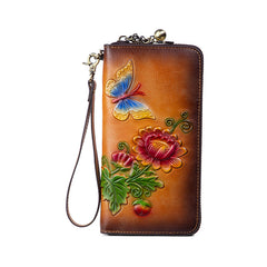 Womens Butterfly&Mums Flower Black Leather Wristlet Wallets Zip Around Wallet Flower Ladies Zipper Clutch Wallet for Women