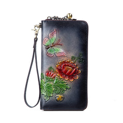 Womens Butterfly&Mums Flower Tan Leather Wristlet Wallets Zip Around Wallet Flower Ladies Zipper Clutch Wallet for Women
