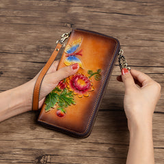Womens Butterfly&Mums Flower Coffee Leather Wristlet Wallets Zip Around Wallet Flower Ladies Zipper Clutch Wallet for Women