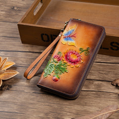 Womens Butterfly&Mums Flower Leather Wristlet Wallets Zip Around Wallet Flower Ladies Zipper Clutch Wallet for Women