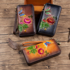 Womens Butterfly&Mums Flower Leather Wristlet Wallets Zip Around Wallet Flower Ladies Zipper Clutch Wallet for Women