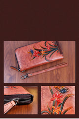 Womens Butterfly&Orchid Flower Brown Leather Wristlet Wallets Zip Around Wallet Flower Ladies Zipper Clutch Wallet for Women