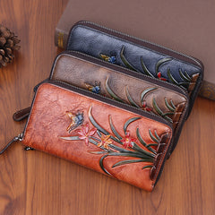 Womens Butterfly&Orchid Flower Gray Blue Leather Wristlet Wallets Zip Around Wallet Flower Ladies Zipper Clutch Wallet for Women