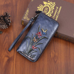 Womens Butterfly&Orchid Flower Coffee Leather Wristlet Wallets Zip Around Wallet Flower Ladies Zipper Clutch Wallet for Women