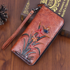 Womens Butterfly&Orchid Flower Brown Leather Wristlet Wallets Zip Around Wallet Flower Ladies Zipper Clutch Wallet for Women