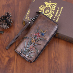 Womens Butterfly&Orchid Flower Coffee Leather Wristlet Wallets Zip Around Wallet Flower Ladies Zipper Clutch Wallet for Women