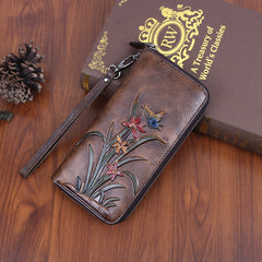 Womens Butterfly&Orchid Flower Brown Leather Wristlet Wallets Zip Around Wallet Flower Ladies Zipper Clutch Wallet for Women