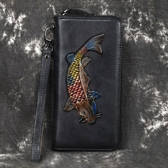 Womens Carp Black Leather Zip Around Wallet Wristlet Wallet Carp Ladies Zipper Clutch Wallet for Women