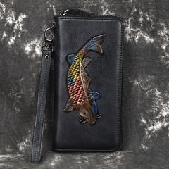 Womens Carp Leather Zip Around Wallet Wristlet Wallet Carp Ladies Zipper Clutch Wallet for Women