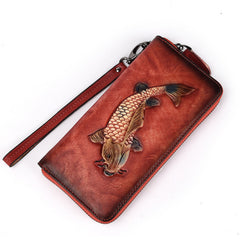 Womens Carp Red Leather Zip Around Wallet Wristlet Wallet Carp Ladies Zipper Clutch Wallet for Women