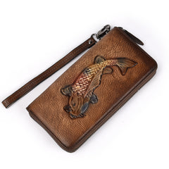 Womens Carp Brown Leather Zip Around Wallet Wristlet Wallet Carp Ladies Zipper Clutch Wallet for Women