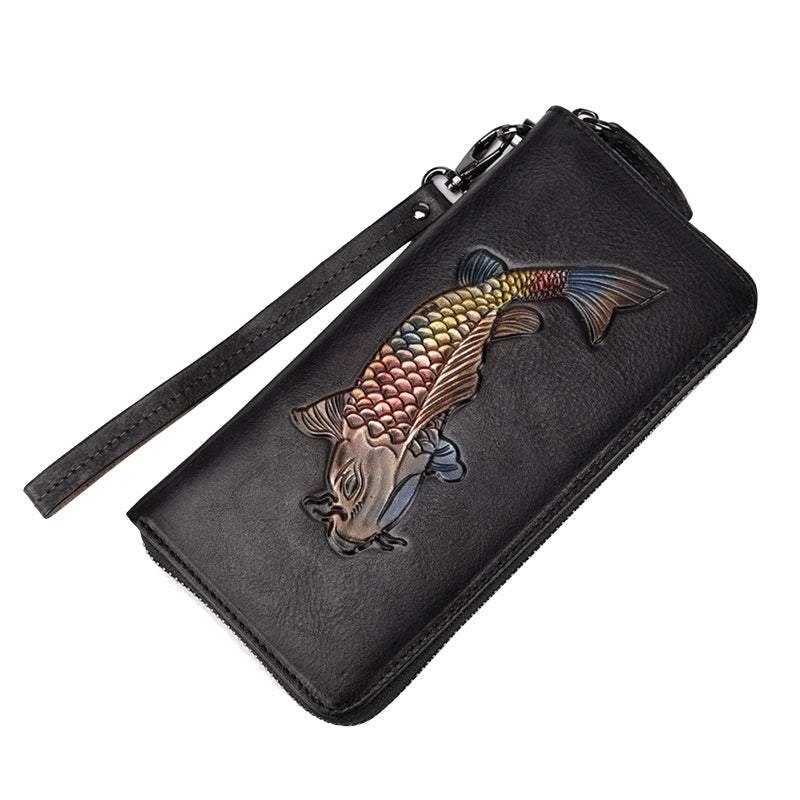 Womens Carp Red Leather Zip Around Wallet Wristlet Wallet Carp Ladies Zipper Clutch Wallet for Women