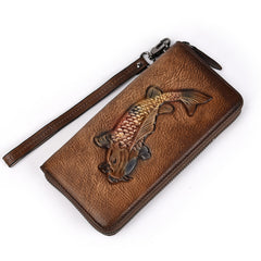 Womens Carp Red Leather Zip Around Wallet Wristlet Wallet Carp Ladies Zipper Clutch Wallet for Women