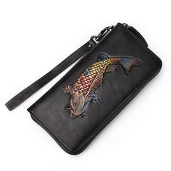 Womens Carp Red Leather Zip Around Wallet Wristlet Wallet Carp Ladies Zipper Clutch Wallet for Women