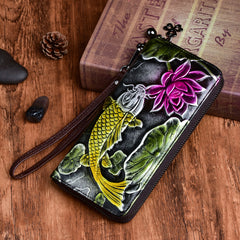 Womens Carp&Lotus Flower Leather Zip Around Wallet Wristlet Wallet Floral Ladies Zipper Clutch Wallet for Women