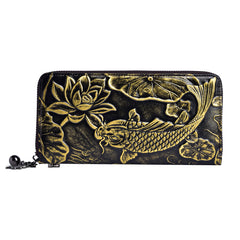 Womens Carp&Lotus Flower Silver Leather Zip Around Wallet Wristlet Wallet Floral Ladies Zipper Clutch Wallet for Women