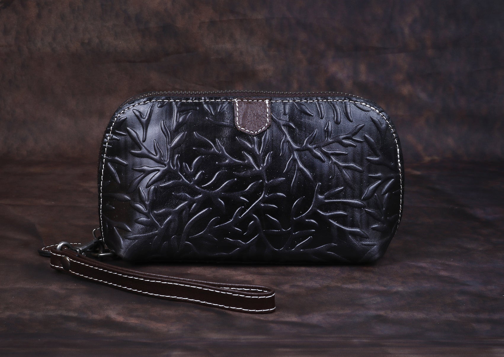 Womens Floral Black Leather Zip Around Wallets Wristlet Wallet Floral Ladies Zipper Clutch Wallet for Women