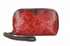 Womens Floral Red Leather Zip Around Wallets Wristlet Wallet Floral Ladies Zipper Clutch Wallet for Women