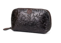 Womens Floral Black Leather Zip Around Wallets Wristlet Wallet Floral Ladies Zipper Clutch Wallet for Women