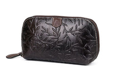 Womens Floral Brown Leather Zip Around Wallets Wristlet Wallet Floral Ladies Zipper Clutch Wallet for Women