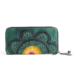 Womens Floral Green Leather Wristlet Wallet Flower Zip Around Wallets Floral Ladies Zipper Clutch Wallets for Women