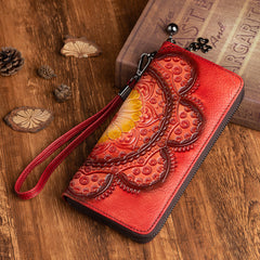 Womens Floral Red Leather Wristlet Wallet Flower Zip Around Wallets Floral Ladies Zipper Clutch Wallets for Women