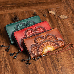 Womens Floral Green Leather Wristlet Wallet Flower Zip Around Wallets Floral Ladies Zipper Clutch Wallets for Women