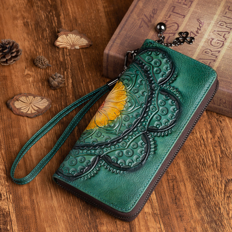 Womens Floral Green Leather Wristlet Wallet Flower Zip Around Wallets Floral Ladies Zipper Clutch Wallets for Women