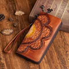 Womens Floral Brown Leather Wristlet Wallet Flower Zip Around Wallets Floral Ladies Zipper Clutch Wallets for Women