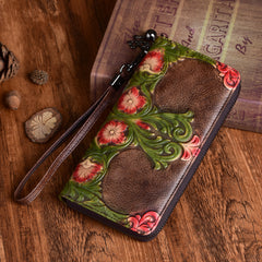 Womens Floral Leather Wristlet Wallets Flowers Zip Around Wallet Floral Ladies Zipper Clutch Wallet for Women