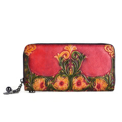 Womens Floral Red Leather Wristlet Wallets Flowers Zip Around Wallet Floral Ladies Zipper Clutch Wallet for Women