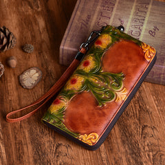 Womens Floral Brown Leather Wristlet Wallets Flowers Zip Around Wallet Floral Ladies Zipper Clutch Wallet for Women