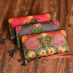 Womens Floral Brown Leather Wristlet Wallets Flowers Zip Around Wallet Floral Ladies Zipper Clutch Wallet for Women
