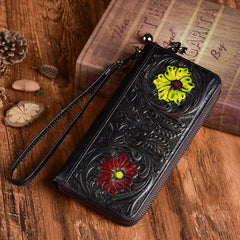 Womens Flower Coffee Leather Wristlet Wallets Zip Around Wallet Floral Ladies Zipper Clutch Wallet for Women