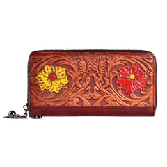 Womens Flower Coffee Leather Wristlet Wallets Zip Around Wallet Floral Ladies Zipper Clutch Wallet for Women