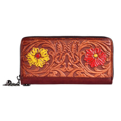 Womens Flower Black Leather Wristlet Wallets Zip Around Wallet Floral Ladies Zipper Clutch Wallet for Women