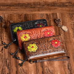 Womens Flower Brown Leather Wristlet Wallets Zip Around Wallet Floral Ladies Zipper Clutch Wallet for Women
