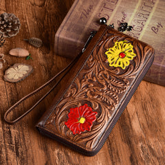 Womens Flower Coffee Leather Wristlet Wallets Zip Around Wallet Floral Ladies Zipper Clutch Wallet for Women